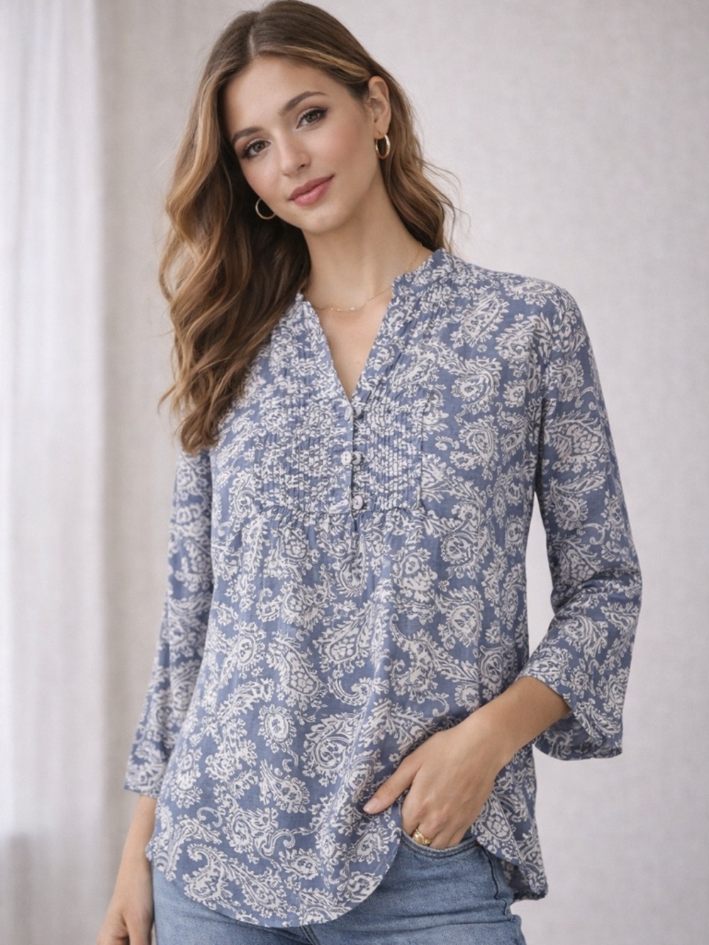 Blue White Paisley Cotton Tunic Blouse Relaxed Fit‎ Boho 3/4 Sleeve Lightweight
